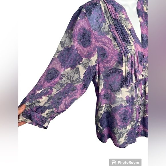 Joie purple floral 100% silk 3/4 sleeve button front top blouse size XS - Picture 5 of 13